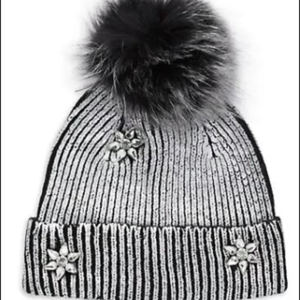 Embellished Metallic Knit & Fox Fur Pom-Pom Beanie